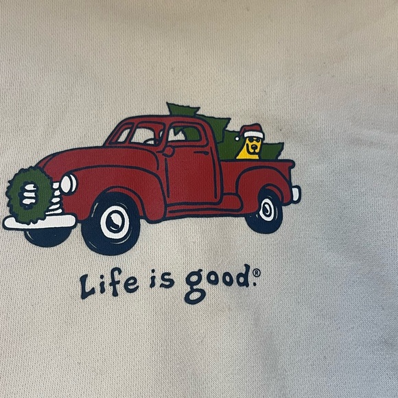 Life Is Good Men's Christmas Hoodie Dog Truck Tree Yellow Lab Cream Color Large - Picture 1 of 7